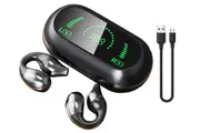 Bluetooth 5.2 Earbuds Open Ear HD Stereo Clipon Noise Canceling Touch Control Microphone LED Display (Black)