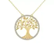 14k Yellow Gold 0.25Ct Diamond Tree of Life Pendant Necklace w/ 18" Silver Chain