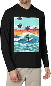 [JEJEA] Hawaiian Surfer on Wavy Print Men's Shirts Long Sleeve Hoodies Fashion Tee Shirts,Causal Fit No Buttons T-Shirts