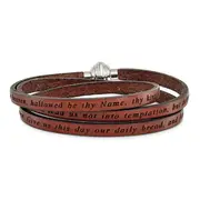 Stainless Steel Amen Lord'S Prayer Brown Leather Wrap With Magnetic Clasp 23.5 Inch Bracelet