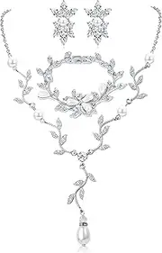 [Sanfenly] Bridal Jewelry Sets for Women Crystal Necklace Bracelet Teardrop Earrings Necklace Silver Costume Jewelry Prom Party Engagement Wedding Jewellery for Bridal Bridesmaid