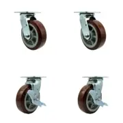 6 Inch Polyurethane Swivel Caster Set with Ball Bearings 2 Brakes Service Caster