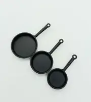 Doll House Accessories 1:12th Miniature - Mini Set of 3 Black Frying Pans