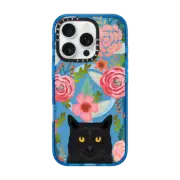 iPhone 16 Pro Impact Case MagSafe Compatible Black Cat Florals - cute cat cellphone spring vintage florals painted girly trend clear cell phone case for cat ladies