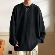 Long-Sleeve Crew Neck Plain Ribbed T-Shirt Black - 2XL