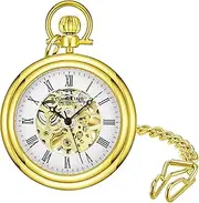 [Stührling] Stuhrling Original Mens Vintage Mechanical Pocket Watch - Stainless Steel Pocket Watch with Chain Analog Skeleton Watch Hand Wind Mechanical Watch with Clip and Stainless Steel Chain