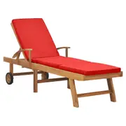 Sun Lounger with Cushion Solid Teak Wood Red vidaXL