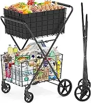[2025] 2-Tier Extra Large Collapsible Grocery Cart On Wheels, 400lbs Shopping Cart For Groceries With 2 Removable Baskets, Waterproof Liner, Heavy Duty Foldable Shopping Utility Cart For Seniors
