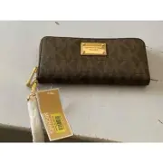 Michael Kors Women Wallet Iphone Continental MK Signature Print Canvas Brown NWT