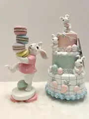 SWEET TREATS Set of 2 Pastel EASTER Bunny Cake Macaron Tiered Cake Dessert Decor