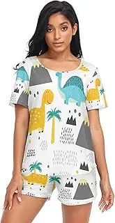[RPLIFE] Cute Cartoon Dinosaurs White Womens Sleepwear, Matching Lounge Set Women