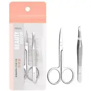 Charyeina - Set: Stainless Steel Eyebrow Tweezers + Scissors Set of 2 - Tweezers & Scissors - Silver - One Size