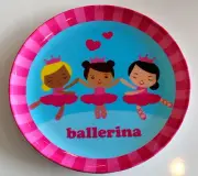 Pink Striped Border Plastic Ballerina Plate with Three Multicultural Ballerinas