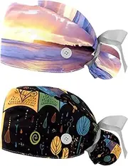 [YTYVAGT] 2-Pc,Nurse Scrub Caps,Scrub Hats with Buttons and Cotton Sweatband,Violet Beach Sky Landscape Pattern