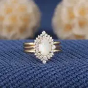 18K Gold Plate Sterling Silver Vintage Opal Oval Cut Engagement Ring Set for Her