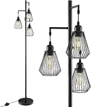 Costway Industrial Tree Floor Lamp, Farmhouse & Industrial Style, Black Metal, 3 Diamond-Shaped Birdcage Lampshades, Foot Switch, Stable Base & Non-Slip Strips, Energy Efficient LED, 27W, 168cm Tall
