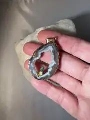 Large Zebra Stripe Agate Druzy Slice & Green Tourmaline Crystal Gold Pendant