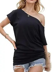 [Teepie] Short Sleeve Shirts for Women Off The Shoulder Oversized Tshirts Date Night Flowy Boat Neck Tops