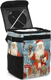 Car Trash Can with Lid,Bag Hanging Storage Pockets Leak-Proof,Portable Garbage Bin,Christmas Card with Santa Cartoon