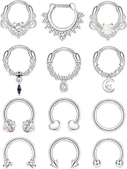 [Kakonia] 12Pcs 16G Septum Rings Clicker Nose Rings Hoop for Women Men Surgical Steel Heart Helix Daith Cartilage Earrings Hoop CZ Dangle Nose Septum Piercing Jewelry Silver Gold Black Nose Rings 10MM