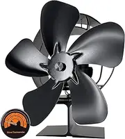 Stove Fan, 5 Blades Fireplace Fan, Stove Fan without Electricity, Fireplace Oven Fan, Wood Stove Fan with Thermometer, Quiet Fireplace Fan, Hot Air Distributor for Wood/Fireplace/Fire Pit