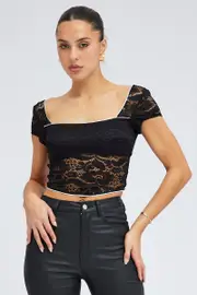 Black Lace Top Cap Sleeve Square Neck Open Back Stretch - Size XXS, Women's Top