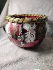 Hand Painted Whimsical Indian Pumpkin Gourd Bowl With Feathers