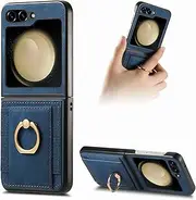 Samsung Galaxy Z Flip 6 Case Samsung Z Flip 6 Phone Case Wallet Shockproof Bumper Case with Ring Holder Card Slots PU Leather Cover Anit-Fall Anti-Drop Kickstand Back Case, Blue