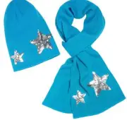 Sequin Star Hat & Scarf Set - Turquoise w/ Silver Star 3C4G hat scarf set.44041