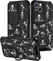 Goocrux (2in1 for iPhone 13 Mini Case Skull Cute Phone Cover Skeleton Yoga Ghost Horror Design with Slide Camera Cover+Ring Holder Cool Black Funny Teen Cases for iPhone 13Mini 5.4''