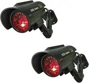 Solar Powered Dummy Fake Security Camera Bullet CCTV Surveillance with Simulated LED Realistic Red Flashing Light and Security Warning Sticker Decal Indoor Outdoor, 2 Pack