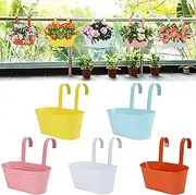 5 Pcs Hanging Flower Pot, Metal Iron Bucket Planter Box with Detachable Hooks, Outdoor Flowers Holder for Railing Fence Balcony Garden Yard, Yellow,Orange,Blue,White,Pink, 11 inches