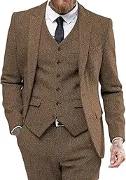 [Maiyifu-GJ] Men's 3 Pieces Linen Suit Set Slim Fit Vintage Wedding Prom Tuxedo Sets One Button Jacket Blazer Vest Pants Suits
