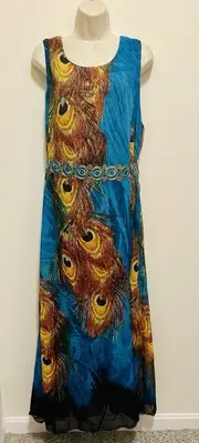 PEACOCK FEATHERS Sparkle Turquoise OMONSIM Chiffon MAXI Dress NWT Plus XXL 48”