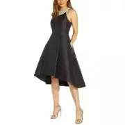 ADRIANNA PAPELL Beaded Halter Dress Size 14 Black High-Low Cocktail Gown Wedding
