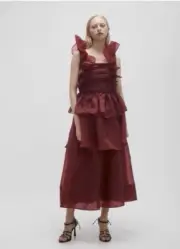 AJE BURGUNDY ASRA PLEATED FRILL MIDI DRESS BNWT Sz 8 AU/4 US (RRP $725)