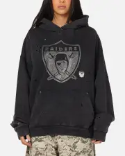 [MITCHELL & NESS] Mitchell & Ness Las Vegas Raiders Distressed Rhinestone Logo Hoodie Faded Black - Size L L Faded Black