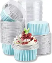 Heatunk 50pcs 5oz Mini Aluminum Pans with Lids - Foil Cups for Cupcakes, Ramekins, Baking - Dessert Cups for Cheesecakes and More - Dessert Containers in Light Blue