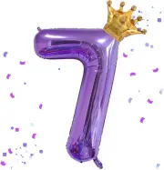 40 Inch Purple Number 7 & Mini Crown Balloon for Birthday Party Decorations, 7th