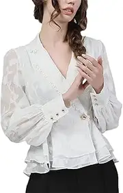 [Generic] Ladies Embroidered Floral Blouse Lapel Collar Lantern Sleeve Spring Summer Slim Office Casual Shirts