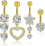 [Livdouyu] Pack of 4 Belly Button Piercing Gold 10 mm Surgical Steel Heart Flower Dangly Belly Button Piercing Ring for Women Jewellery, as show, Stainless Steel, No gemstone