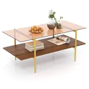 Giantex 2-Tier Glass Coffee Table Rectangle Center Table w/Open Storage Shelf Living Room Table Brown