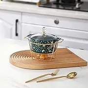 Round Chafing Dish Buffet Set, Ceramics Underglaze Buffet Chafer with Glass Lid and Fuel Holder, Food Warming Tray for WeddingsBanquets