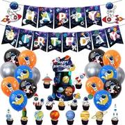 Outer Space Universe Astronaut Theme Birthday Party Decorating Set - Party Banner Laxtex Balloons Cake Cupcake Toppers