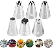 Bmaacye Large Icing Piping Tips Set for Cake Decorating, 6 Stainless Steel Pastry Tips: Open Star, Round, Drop Flower, French Star, Grass