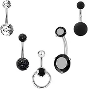 [rockible] 5Pcs Belly Button Rings, Navel Barbell, 10mm Short 1.6mm Trendy Glitter Matte Zircon Belly Piercing Jewelry, Navel Bars