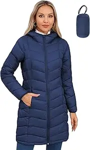 [SLOWTOWN] Women’s Packable Puffer Coat Lightweight Hooded Puffer Jakcet Mid Length Warm Winter Coat