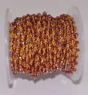 3mm ruby faceted glass beads rosary chain, Gold plated beaded jewelry chain