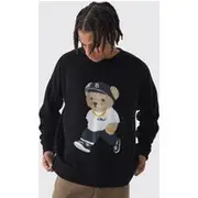 Mens Black Oversized Teddy Graphic Jumper