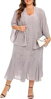 [WTJIAPAI] Plus Size Jacket Dress Suits 2 Piece Chiffon Sets Delicate Rhinestone Pattern Mother of Bride Dresses for Wedding